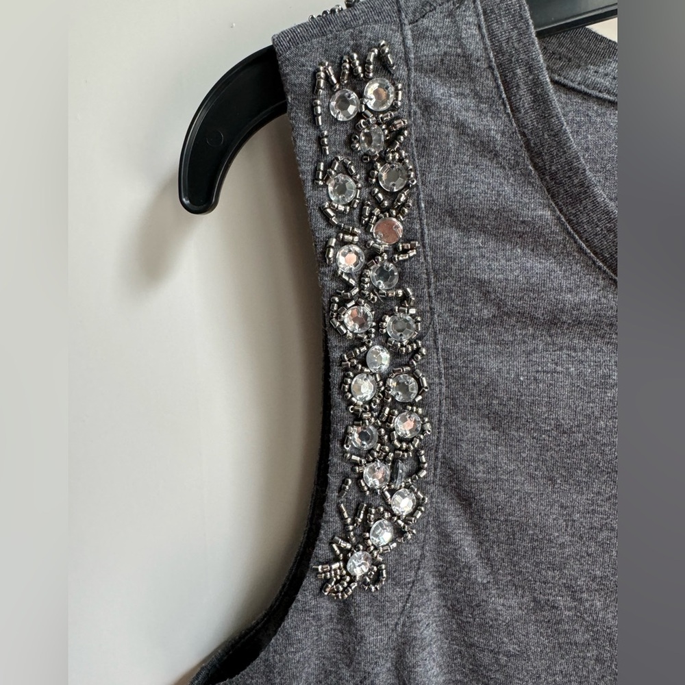 ROMEO + JULIET couture beaded tank. Rayon/poly mix, grey w/silver + crystals.